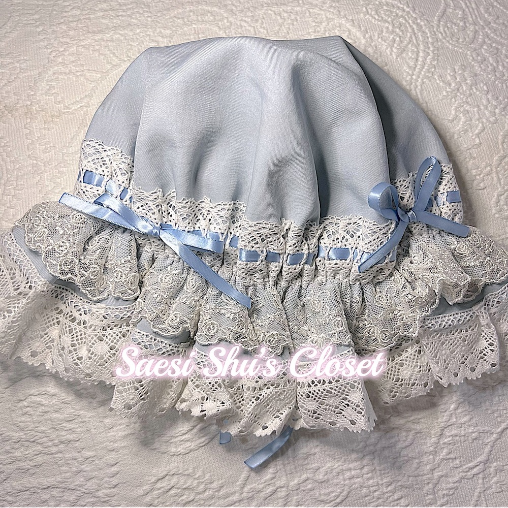 NWT Rococo Classic Lolita Lace Bonnet Nightcap Dusty Blue x White